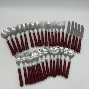 Vintage Gibson 80s Stainless Red Twisted Rope Handle Flatware Forks Spoon 35 Pcs